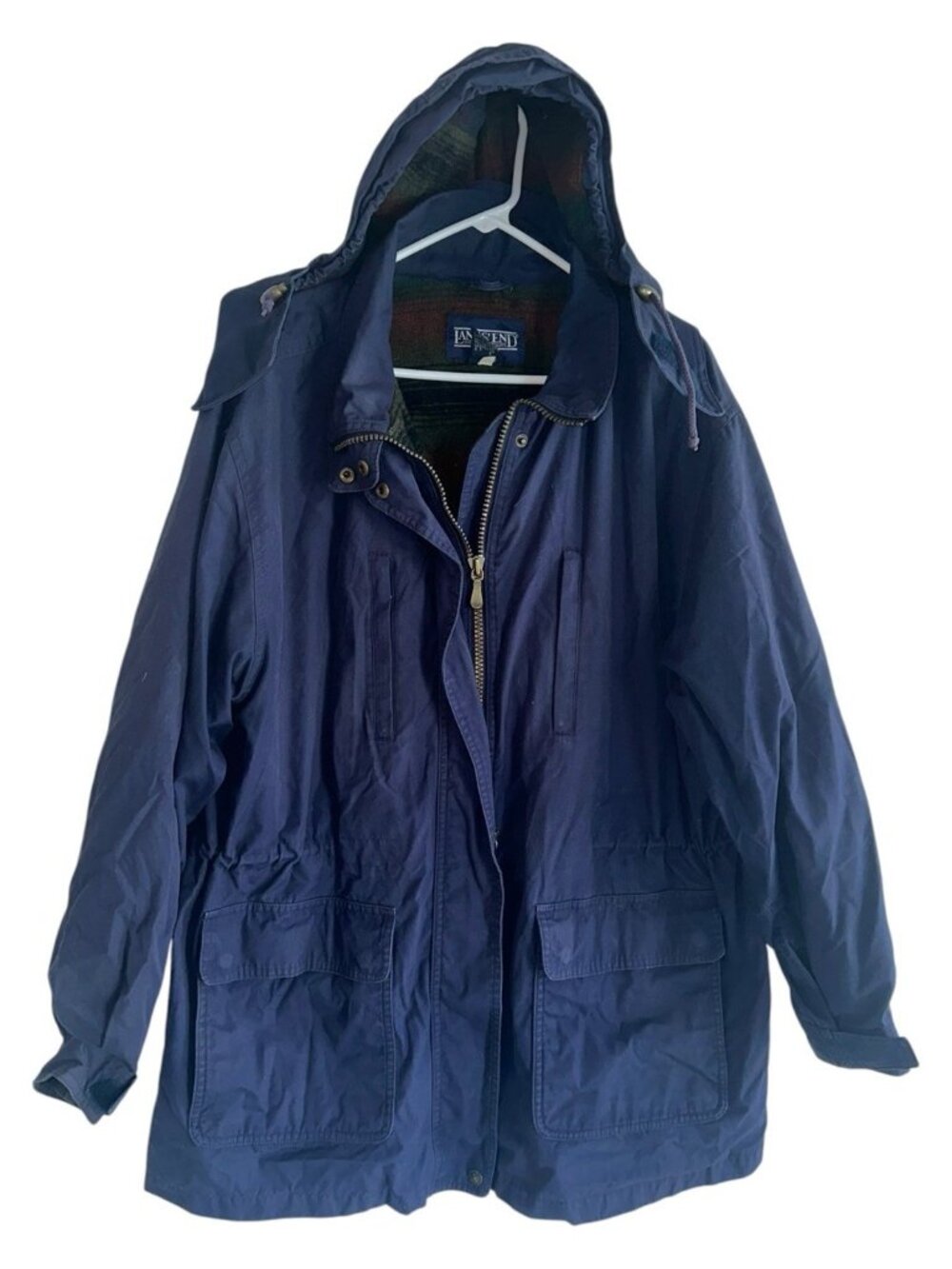 Vtg Lands End Womens XL Hooded Navy Blue Chore Coat 90s Wool Blend Lined Outdoor